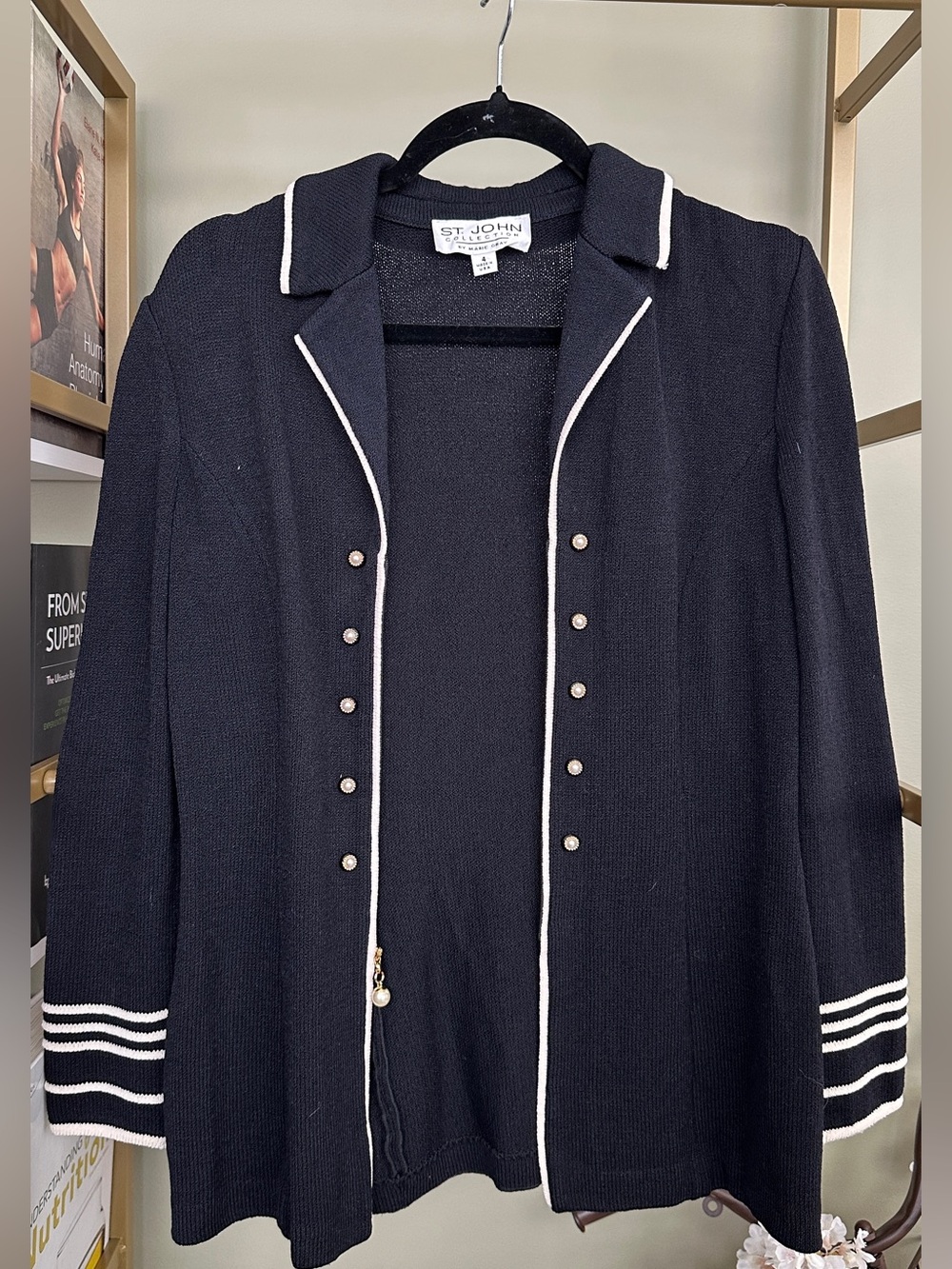 St. John Marie Gray Black Knit Blazer with White Piping